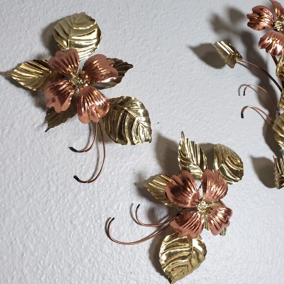 Vintage Metal Floral Wall Decor Brass & Copper Dogwood Flower Leaf MCM Set Of 4 - Picture 3 of 11